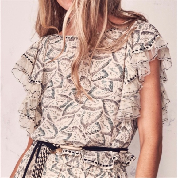 LoveShackFancy Celeste Top Moroccan Leaf Cream black ruffle sleeve - Picture 3 of 13